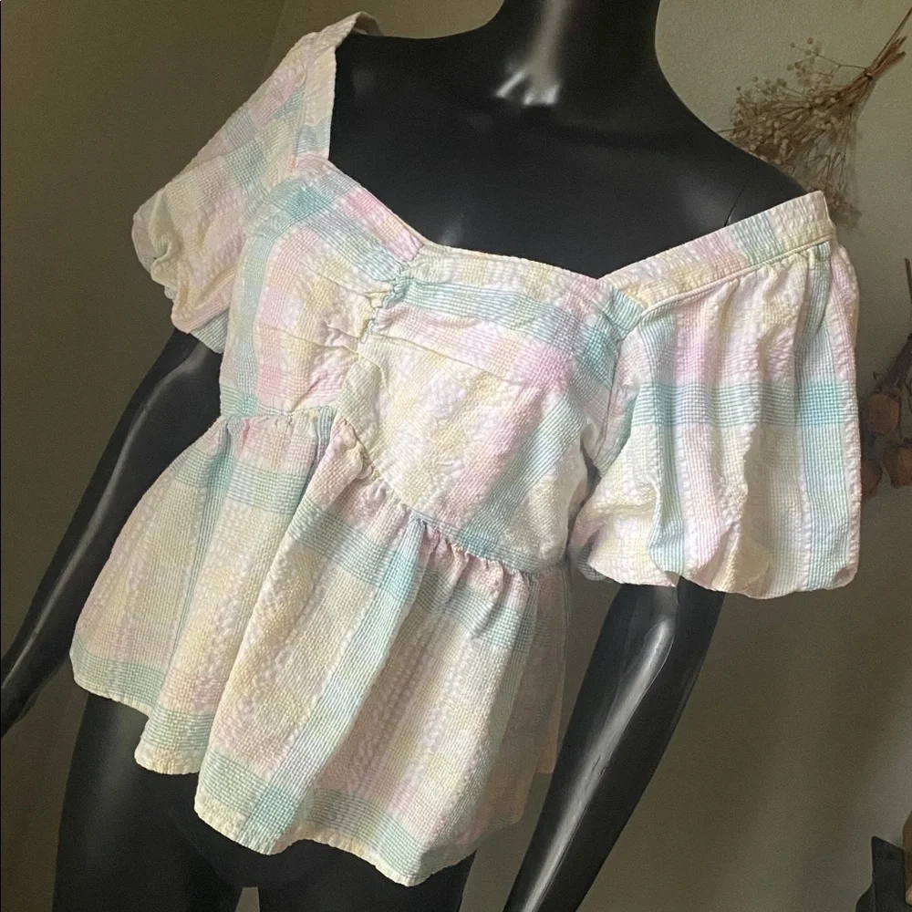 Old Navy Multicolor Plaid Puff Sleeve Blouse